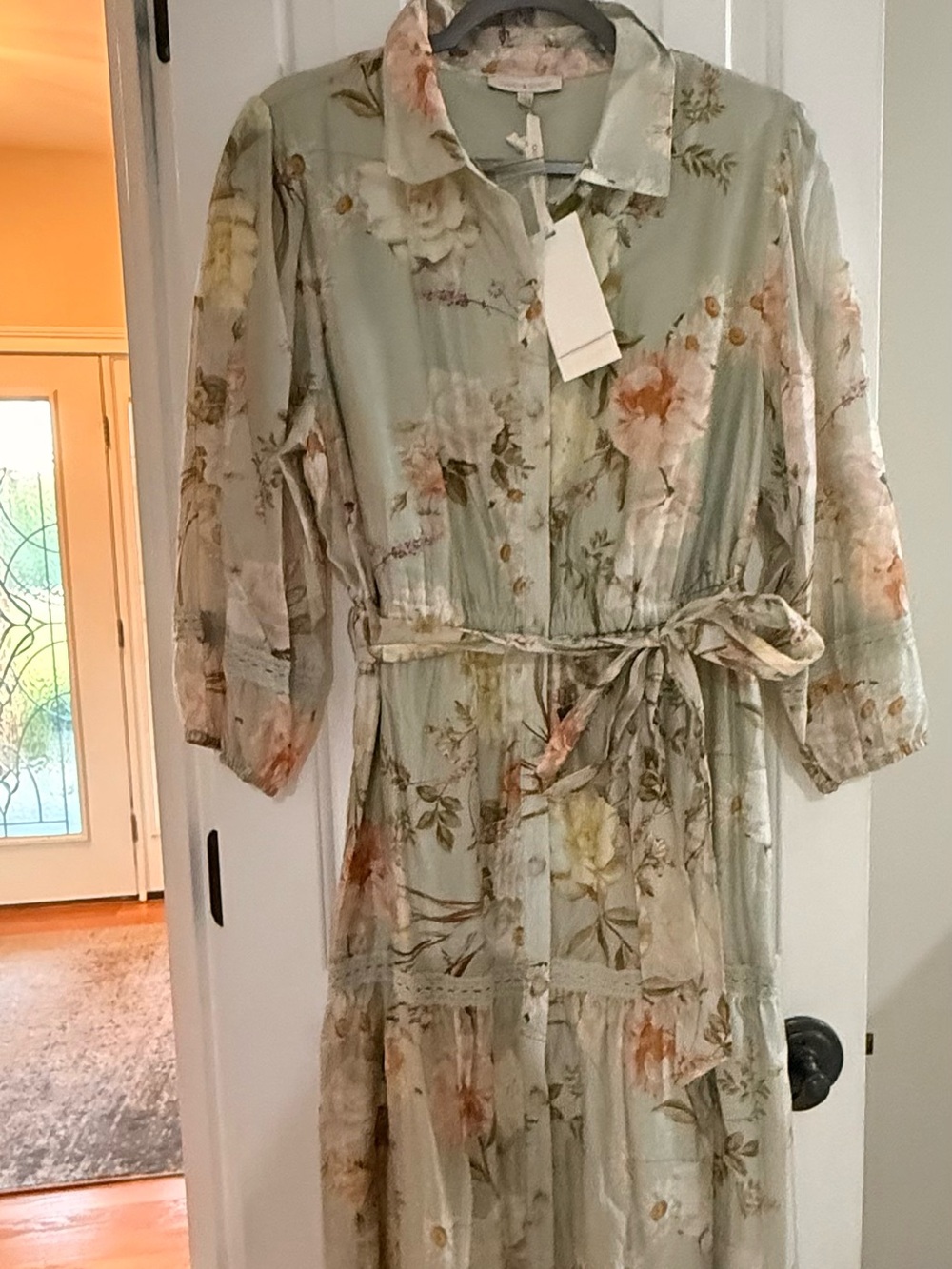 Floral Tie-Waist Shirt Dress - Sage Green